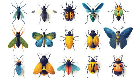 Set of 9 stylized insect icons, modern and symmetrically arranged on white backgroundの素材