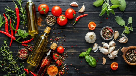 Top view: spices, herbs, fresh vegetables, oil bottles, tomato, and garlic on black wooden backgroundの素材