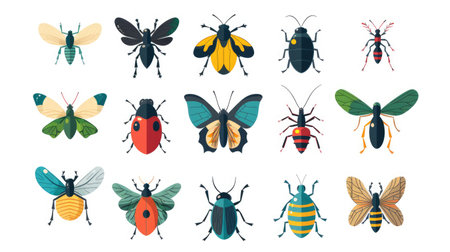 Set of 9 stylized insect icons, modern and symmetrically arranged on white backgroundの素材
