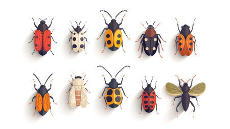 Set of 9 stylized, modern insect icons arranged symmetrically on white backgroundの素材