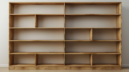 3D rendering of a blank wooden bookshelf, empty shelves awaiting books, minimalist designの素材