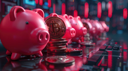 Bitcoins flowing from computers into piggy banks, illustrating cryptocurrency accumulationの素材