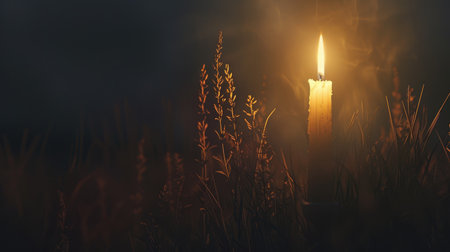 Candle flame illuminating the dark, minimalist and tranquil sceneの素材