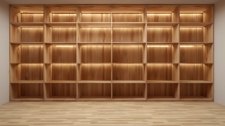 3D rendering of a blank wooden bookshelf, empty shelves awaiting books, minimalist designの素材