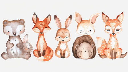 Boho watercolor illustration of baby forest animals: fox, deer, rabbit, bear, hedgehogの素材