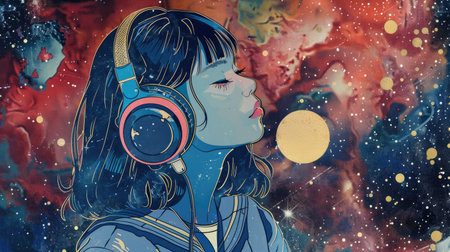 Ethereal synth rhythms in the vastness of space. Lo-fi college girl wearing headphones, cute Ghibli illustrationの素材