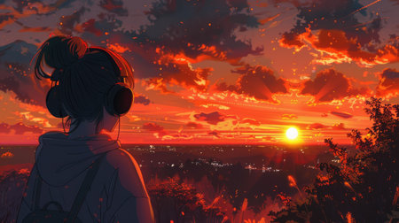 Serene sunset scene with a lo-fi college girl in headphones, Ghibli-inspired illustration perfect for relaxingの素材
