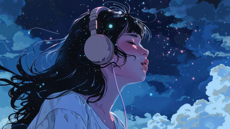 Deep, ethereal synth layers blend with the vastness of space. Lo-fi college girl with headphones. Cute. Ghibli illustrationの素材