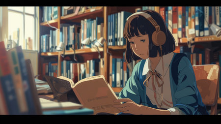Ghibli-style illustration of a lo-fi college girl with headphones, focusing in a quiet libraryの素材