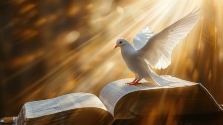 Divine white dove above an open Bible, golden light shining in the backgroundの素材
