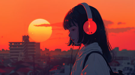 Ghibli-style illustration of a lo-fi college girl with headphones, enjoying the tranquility of a sunsetの素材