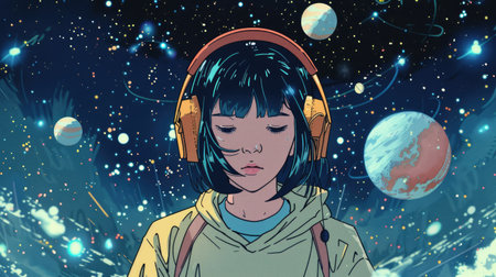 Ethereal synth rhythms in the vastness of space. Lo-fi college girl wearing headphones, cute Ghibli illustrationの素材