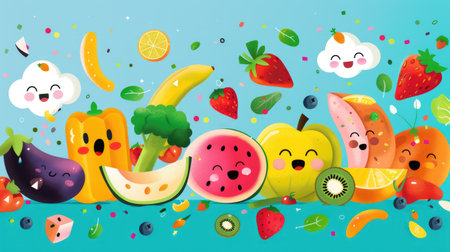 Educational nutrition image with 5 cartoon food groups, vibrant and informativeの素材