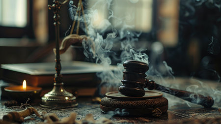 Gavel and cough together, symbolizing the power and authority of jurisprudenceの素材