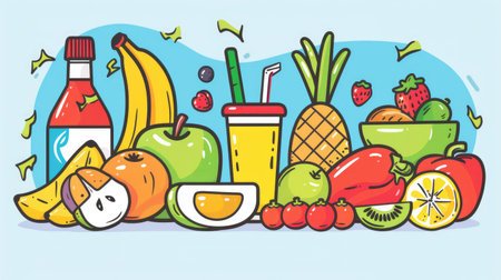 Nutrition picture featuring 5 cartoon food groups, colorful and educational illustrationの素材