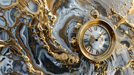 Fluid and distorted clock in golden and mercury, surreal illustration of time's illusionの素材
