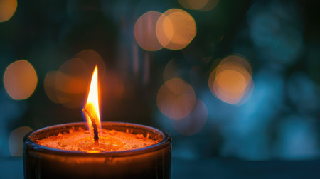 Lit candle with a bright flame against a dark background, creating a serene and focused atmosphereの素材