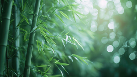 Peaceful bamboo forest background with green hues, featuring bokeh and blur for a soft focus effectの素材