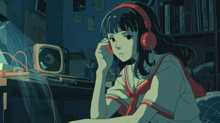 Relaxing Ghibli-style illustration of a lo-fi college girl with headphones, in a mysterious setting for deep focusの素材
