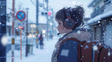 Ghibli-style lo-fi college girl with headphones, in a calm and peaceful snowy winter settingの素材