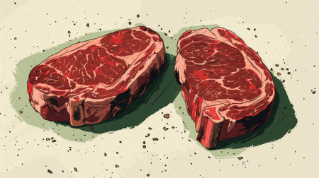 Ribeye cut steaks with detailed marbling, illustration showing the raw meat's tendernessの素材