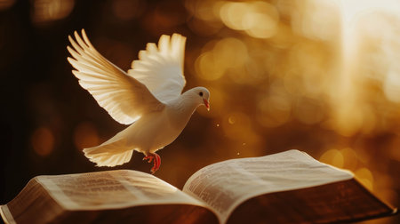 Peaceful white dove flying over an open Bible, bathed in golden lightの素材