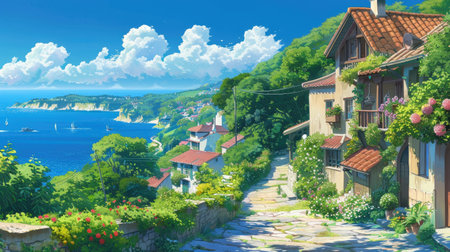 Peaceful Ghibli coastal town with charming houses, blooming gardens, and a calm blue seaの素材
