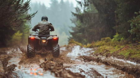 ATV quad bike rider navigating muddy off-road terrain in the rain. Forest nature sceneの素材