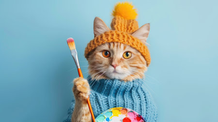 Adorable cat dressed as an artist, wearing a knit hat, holding a paintbrush and a colorful palette, posing against a solid pastel background. Creative and charming sceneの素材