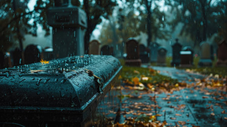 Black coffin in the rain at a graveyard, highlighting a grief-filled funeral. Depressive and solemn farewellの素材