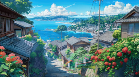 Peaceful Ghibli coastal town with charming houses, blooming gardens, and a calm blue seaの素材