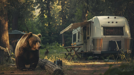 Big bear near a retro RV caravan, in a natural forest setting. Wilderness and travel trailer sceneの素材