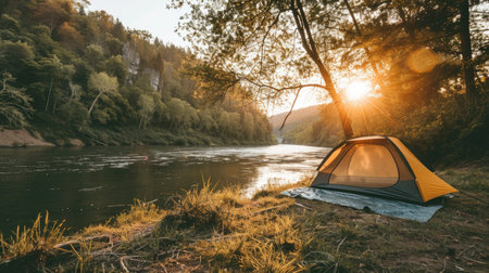 Camping tent set up near a river at sunset, creating a serene natural scene with copy space. Peaceful campsiteの素材