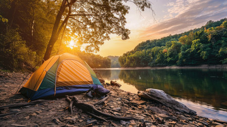 Camping tent near a river at sunset, with a picturesque backdrop and ample space for copy. Serene outdoor sceneの素材
