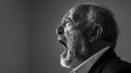 Furious older businessman yelling, side profile against a plain monochrome backdrop. Conveying anger and stressの素材