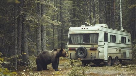 Large black brown bear standing next to a vintage RV camper in the forest. Wildlife encounter with a retro motorhomeの素材