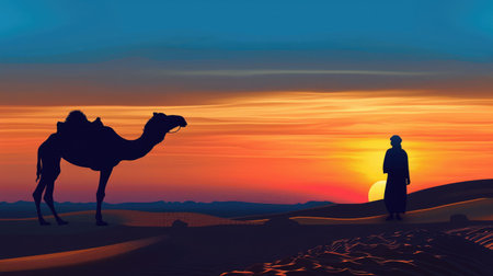 Man and camel in silhouette at sunset, against a desert landscape. Scenic and serene outdoor sceneの素材