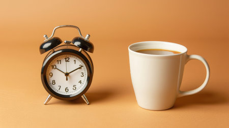 Coffee mug next to a retro alarm clock on a one-color background. Morning espresso, energy, and alertnessの素材