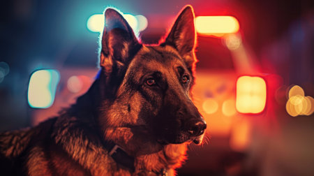 German Shepherd police dog in close-up, with a car and flashing lights behind. K9 unit, security and protectionの素材