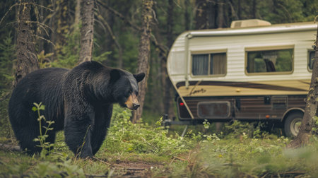 Big black brown bear near a vintage RV camper in the forest. Natural wildlife and retro motorhome sceneの素材