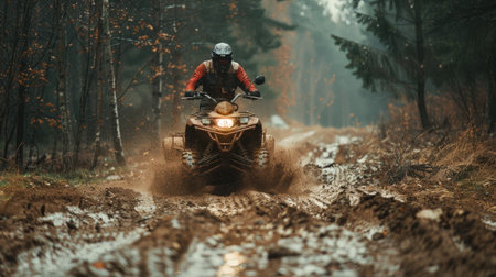 Man riding an ATV quad bike through muddy terrain in the rain, surrounded by forest. Off-road adventureの素材