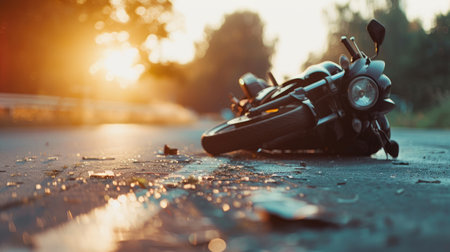 Motorcycle crash site with a blurred background, emphasizing the event. Field for text provided, relevant to accident insuranceの素材