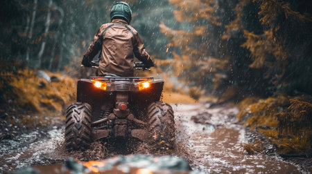Off-road ATV quad bike rider navigating muddy terrain in the rain, forest background. Adventurous and ruggedの素材