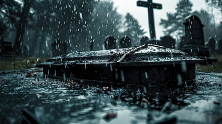 Rain pouring over a black coffin in the graveyard, symbolizing a somber funeral ceremony. Emotional and depressive sceneの素材