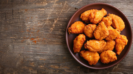 Overhead shot of chicken nugget wings arranged on a plate, with ample copy space on the table for text. Tempting junk foodの素材