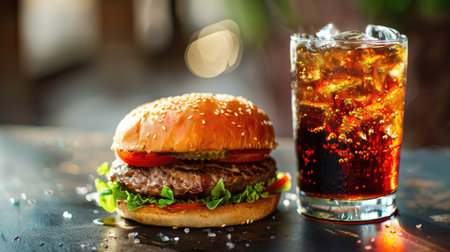 Side view of a burger and a refreshing cola drink with ice, ideal for a quick and tasty mealの素材