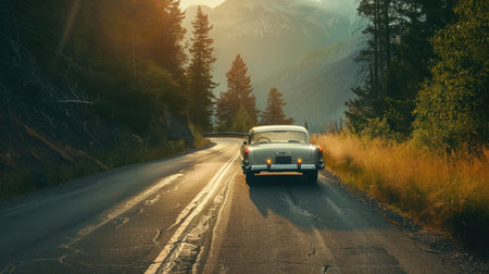 Retro classic car traveling on an asphalt mountain road, surrounded by natural beauty. Timeless travel sceneの素材