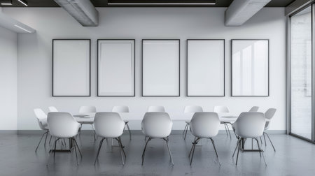 Business meeting room with empty posters on the wall, light and minimalist background. Modern designの素材