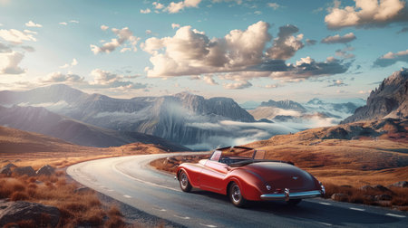 Vintage car on an asphalt mountain road, amidst beautiful scenery. Classic and nostalgic road tripの素材