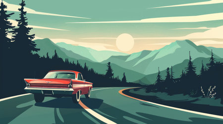 Retro car driving on a mountainous road, with stunning natural landscape. Vintage travel adventureの素材